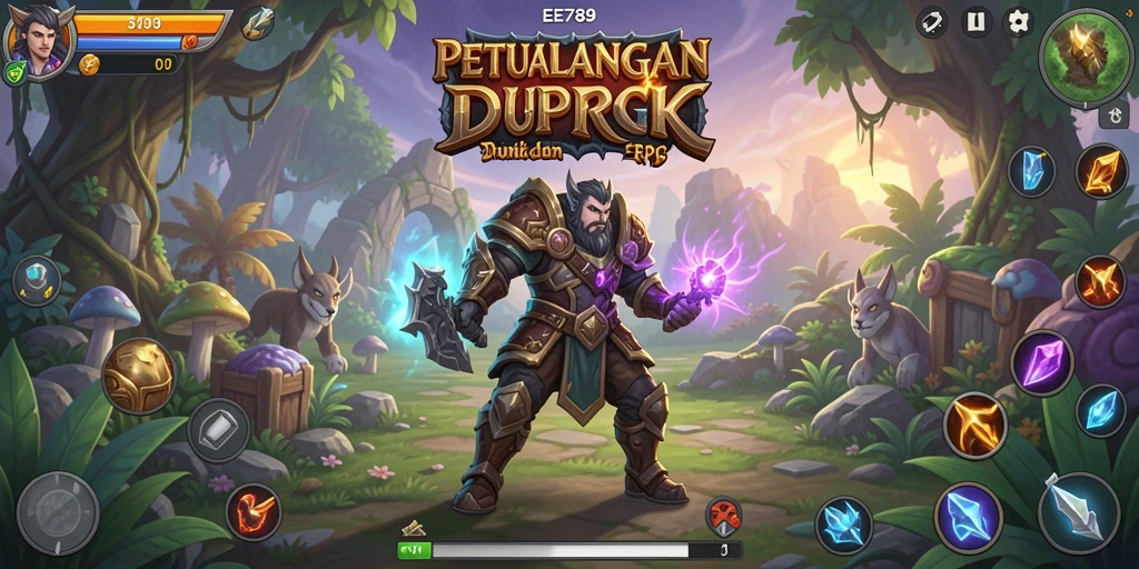 Tangkapan layar gameplay EE789 menampilkan pertempuran heroik di dunia RPG yang menakjubkan.