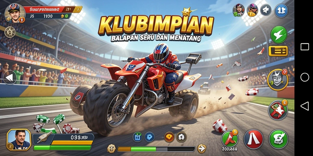 Tangkapan layar gameplay KLUBIMPIAN menampilkan balapan yang mendebarkan.