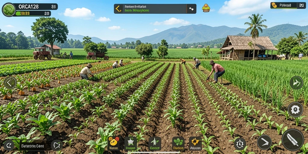 Gameplay seru dalam ORCA128 dengan aktivitas bertani yang interaktif.