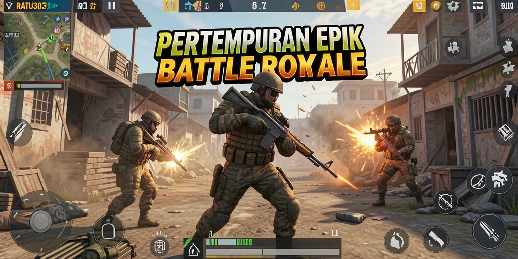 Tangkapan layar utama gameplay Battle Royale yang penuh aksi.