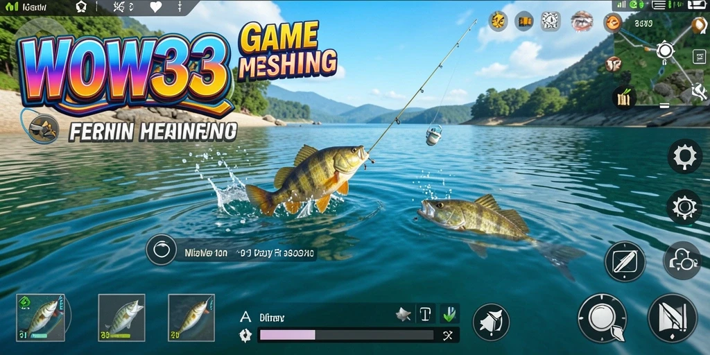 Screenshot gameplay WOW33 menampilkan pemain menangkap ikan di lokasi indah.